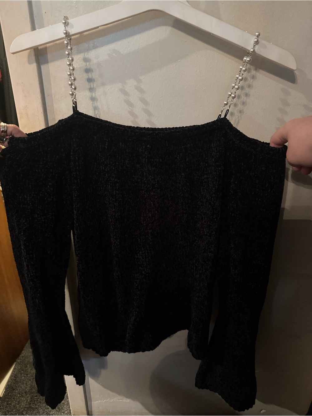VENUS Black Off-the-Shoulder Chenille Sweater with Pearl Straps